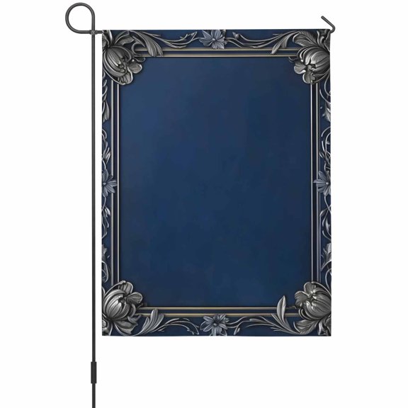 Vintage Sliver Flower Border Garden Flags For Outdoor, Navy Blue Retro Small Double Side Yard Flags Weather Proof Garden Decor for Lawn Outside Holiday 12 x 18 Inches