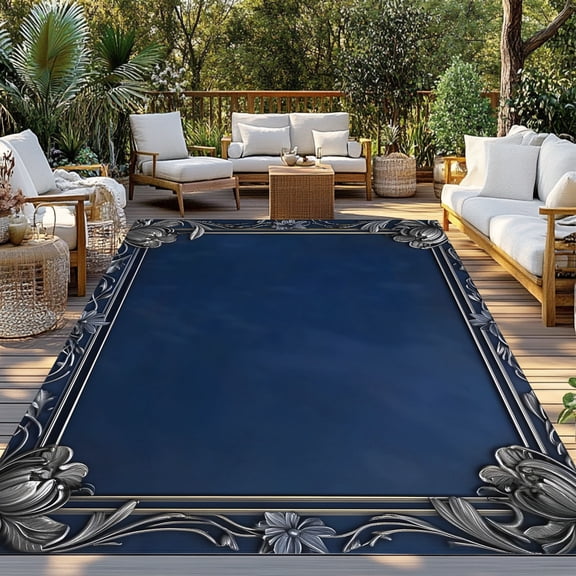 Vintage Sliver Flower Border Indoor Outdoor Rugs 4x6 Ft, Navy Blue Retro Outdoor Patio Rugs Mat Washable Outside Area Rugs Carpet for Porch Deck RV Camping Pool Balcony Backyard