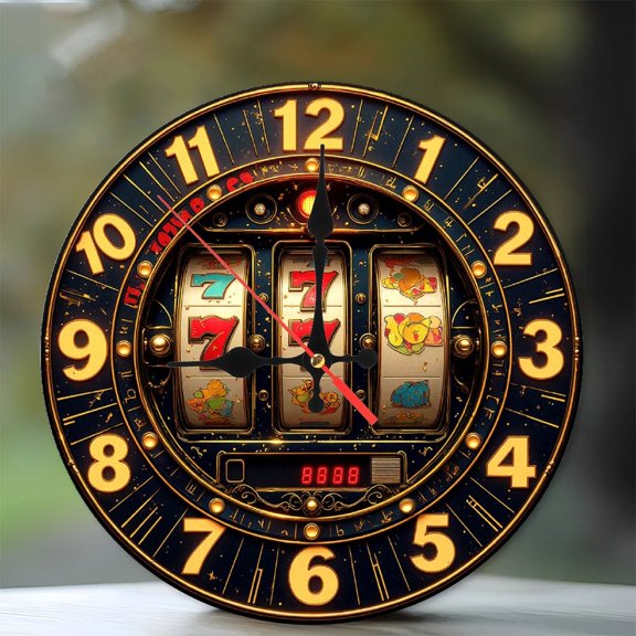 Vintage Slot Machine Wall Clock Gold Decor 10-Inch Silent Wooden Wall Clock, Battery Operated (AA Batteries Not Included), Artistic Home Decor