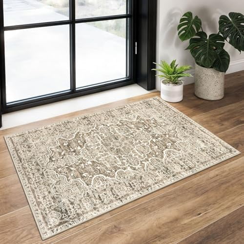 Vintage Small Area Rug 2x3 Beige Brown Washable Entryway Rugs Non-Slip Ultra Soft Printed Medallion Distressed Floral Small Accent Carpet Farmhouse Throw Doormat for Entrance