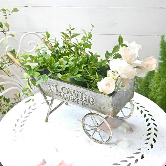 Vintage Metal Wheelbarrow Planter Cart, Small Flower Pot Holder for Indoor Outdoor Use, Rustic Farmhouse Garden Decor for Patio, Tabletop, Home Market Decor