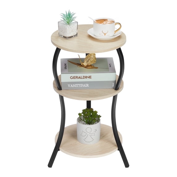 ZEXVIDA Vintage Small Round Side Table, 3-Tier Slim Waist Circular End Table with Storage Shelf,  Sofa Side Table, Round Corner Coffee Table Nightstand for Living Room Bedroom Small Spaces,Oak