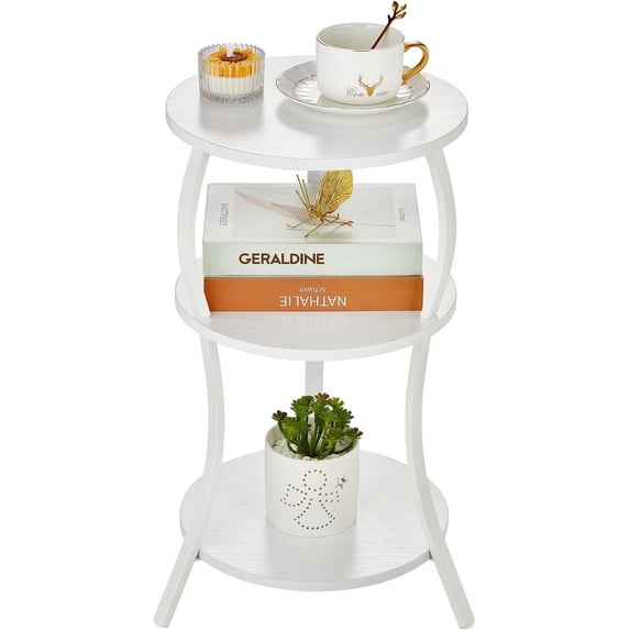 ZEXVIDA Vintage Small Round Side Table, 3-Tier Slim Waist Circular End Table with Storage Shelf, Sofa Side Table, Round Corner Coffee Table Nightstand for Living Room Bedroom Small Spaces,White