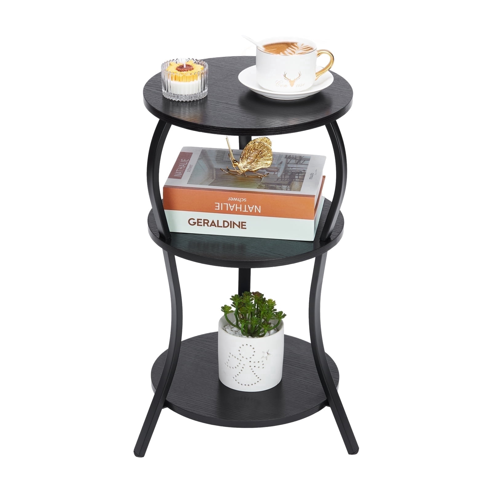 ZEXVIDA Vintage Small Round Side Table, 3-Tier Circular End Table with Storage Shelf, Compact Tea Sofa Table, Round Corner Coffee Table Nightstand for Living Room Bedroom Small Spaces,Black