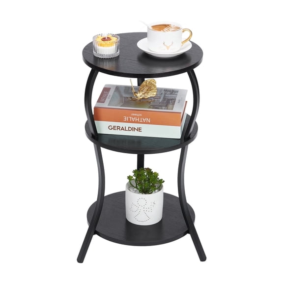 ZEXVIDA Vintage Small Round Side Table, 3-Tier Circular End Table with Storage Shelf, Compact Tea Sofa Table, Round Corner Coffee Table Nightstand for Living Room Bedroom Small Spaces,Black