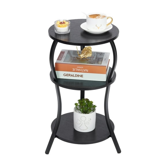 Vintage Small Round Side Table, 3-Tier Slim Waist Circular End Table with Storage Shelf, Compact Tea Sofa Side Table, Round Corner Coffee Table Nightstand for Living Room Bedroom Small Spaces,Black