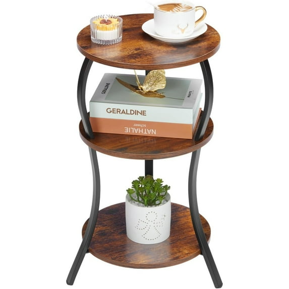 Vintage Small Round Side Table, 3-Tier Slim Waist Circular End Table with Storage Shelf, Compact Tea Sofa Table, Round Corner Coffee Table Nightstand for Living Room Bedroom Small Spaces,Rustic Brown