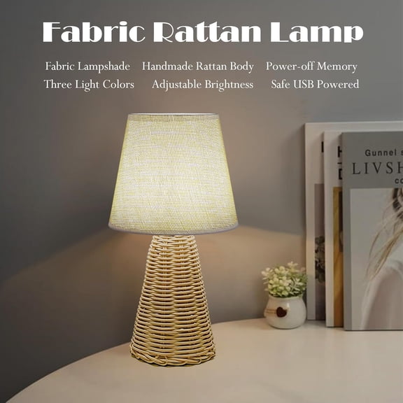 Vintage Small Wicker Lamp, Rattan Body Fabric Lampshade, Adjustable Light Color and Brightness, Power-Off Memory, Safe USB Powered, Boho Style Night Light for Bedroom Living Room (Cone-FlaxYellow)