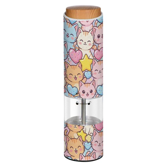 Vintage Smiling Cat Pattern Printed Electric Pepper Mill One-Touch Battery Operated Salt Grinder Adjustable Coarseness Decorative Counter Spice Tool