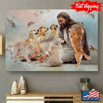 Vintage Smiling Jesus Christ Playing With Golden Retriever Dogs And Birds Flying Around 11 x 17 Inch Poster