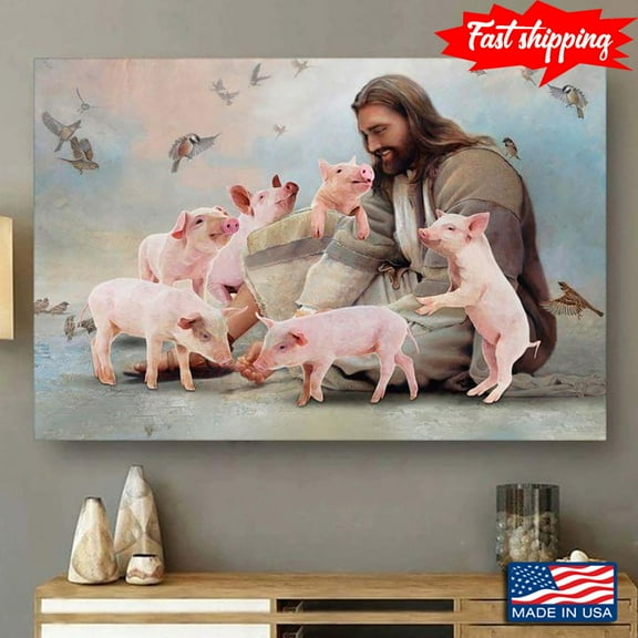 Vintage Smiling Jesus Christ Playing With Pigs And Birds Flying Around 11 x 17 Inch Poster