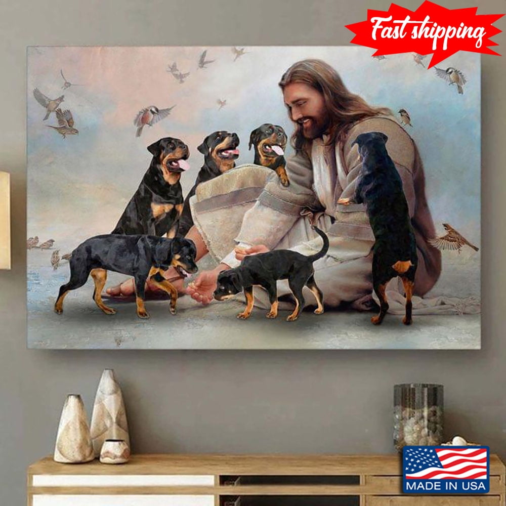 Vintage Smiling Jesus Christ Playing With Rottweiler Dogs And Birds ...