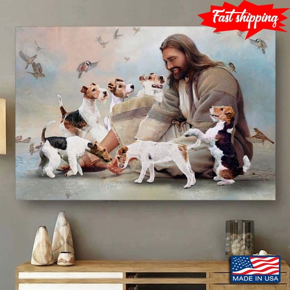 Vintage Smiling Jesus Christ Playing With Wire Fox Terrier Dogs And Birds Flying Around 11 x 17 Inch Poster