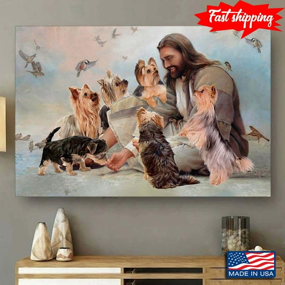 Vintage Smiling Jesus Christ Playing With Yorkshire Terrier Dogs And Birds Flying Around 11 x 17 Inch Poster