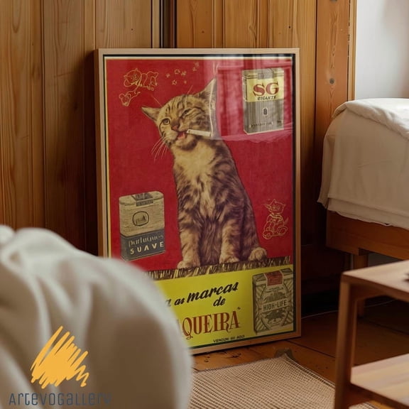 Vintage Smoking Cat Poster Print, Tabaqueira Print, Vintage Wall Art, Retro Wall Art, Funny Cat Print, Antique Tobacco Advertisement Print 16x24 UNFRAMED