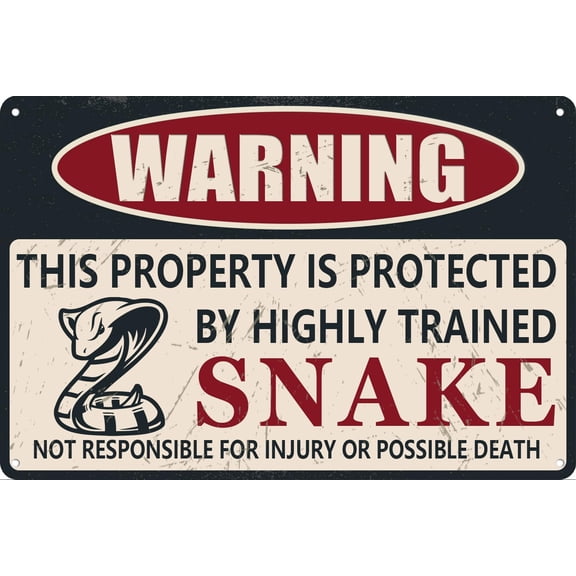 Vintage Snake Metal Sign, Warning this Property is Protected By a Highly trained Snake Sign Funny Tin Signs 12 x 8 Inch, Beige