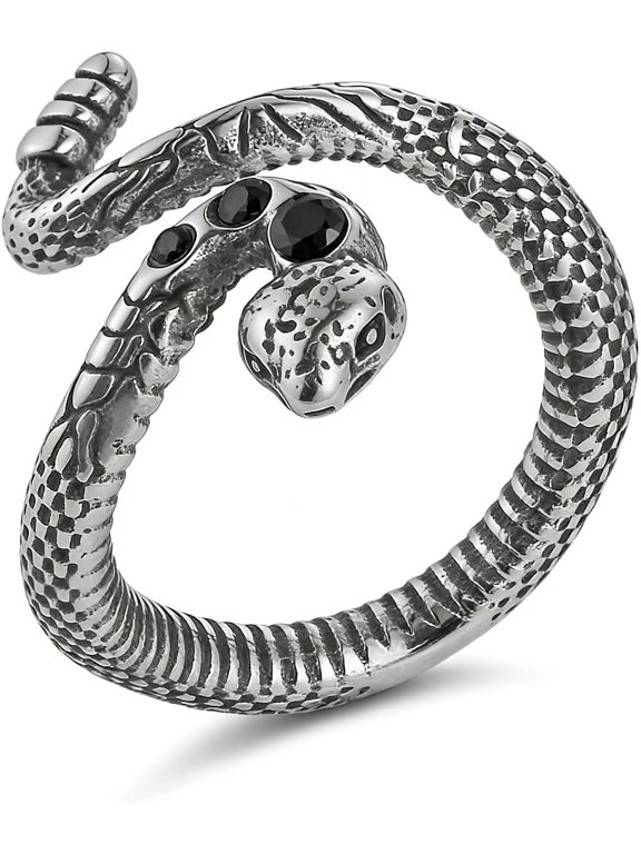 Vintage Snake Open Ring for Men Women, Stainless Steel Gothic Punk Serpent Ring with Black Zircon, Statement Jewelry for Daily Wear & Gift Size 6-13