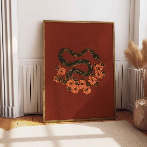 Vintage Snake Poster Dark Academia Print Dark Red Art Witchy Wall Art Floral Drawing Print Gothic Animal Print Botanical Serpent Art, Poster Only