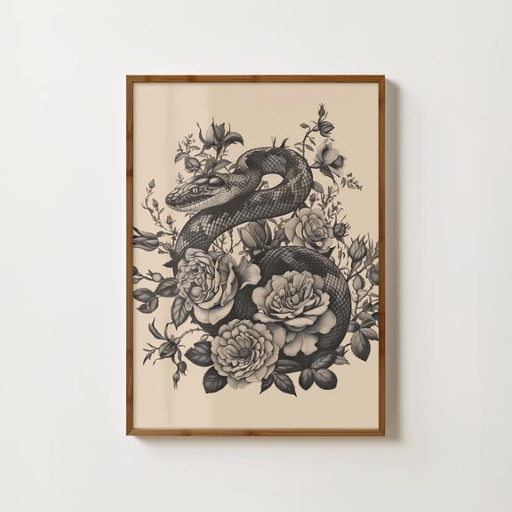 Vintage Snake Print Reptile Python Illustration Dark Academia Print Floral Snake Gothic Home Decor Dark Arts Print Goth Art Home Decor #1050, Stretched Canvas Size 8x12