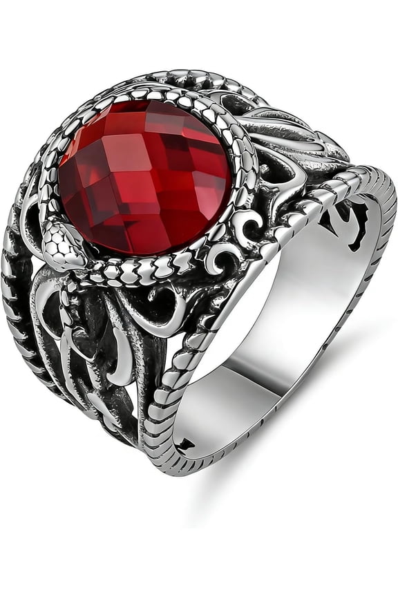 Vintage Snake-Wrapped Red Crystal Ring for Men, Stainless Steel Gothic Statement Ring Size 7-12