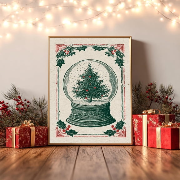 Vintage Snow Globe Wall Art Print, Retro Tree Illustration, AntiqueDecor Poster Decor, Stretched Canvas Size 12x18 F03.1.22l1194