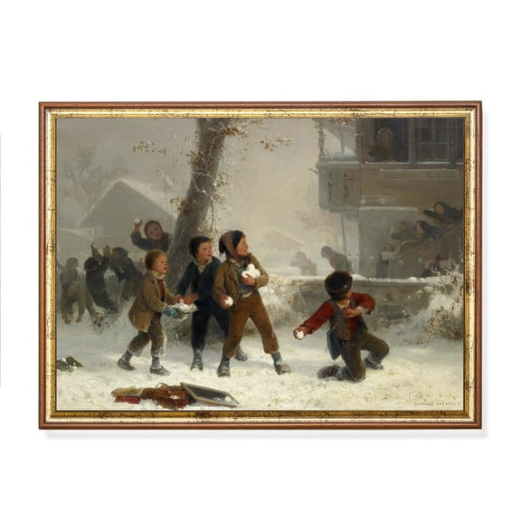 Vintage Snowball Fight, Antique Winter Scene Art Home Decor, 16x24 UNFRAMED