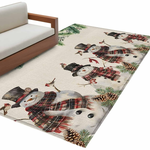 Vintage Snowman Area&nbsp;Rug 4x6ft Christmas Winter Green Pine Tree Linen Non-Slip&nbsp;Washable Square&nbsp;Rugs Soft Felt Indoor Floor Mat for Bedroom Kitchen Living Room Bathroom
