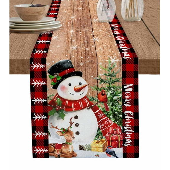 Vintage Snowman Christmas Burlap-Cotton Table Runner 70 Inches Long,Xmas Tree Snowflake Red Plaid Farmhouse Table Runners,Outdoor Dining Tablecloths Decor for Baby Shower/Party/Wedding 13x70