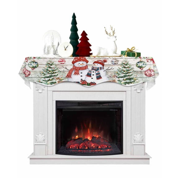 Vintage Snowman Christmas Fireplace Mantel Scarf Table Runner, Balls Xmas Botanical Tree Winter Garland Mantel Top Tablerunners Dresser Scarves Cover for Windows Party Living Room 90''x17''