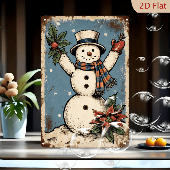 Vintage Snowman Christmas Wall Art, 8x12 Inches Metal Tin Sign, Retro Holiday Illustration with Top Hat Scarf Holly and Poinsettia, Rustic Distressed Frame for Home Decor