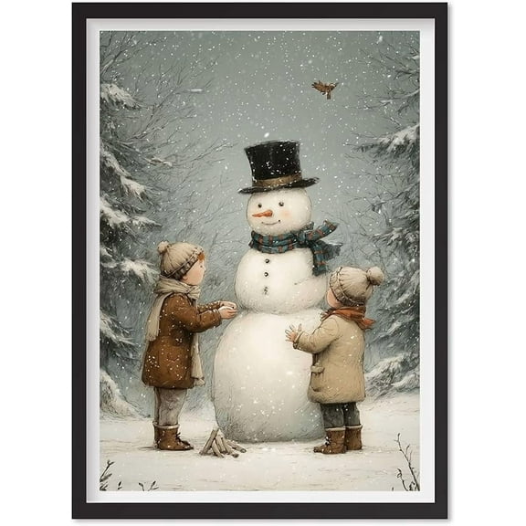 Vintage Snowman Decor, Christmas Wall Art Print, Farmhouse Rustic Winter, Victorian Metal Print, Dark Cottagecore Holiday Painting 6-Xms042