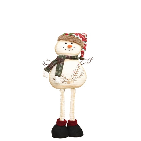 Vintage Snowman Figurine with Woven Fabric Design and Plaid Scarf, Rustic Christmas Decoration for Home Table Shelf, Holiday Party Gift