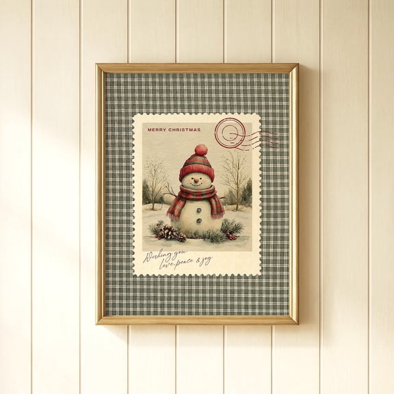 Vintage Snowman Stamp Print, Red & Green Gingham Plaid Wall Art, Cozy Winter Country Cottagedecor, Home Decor #157, Unframed Poster Size 12x18