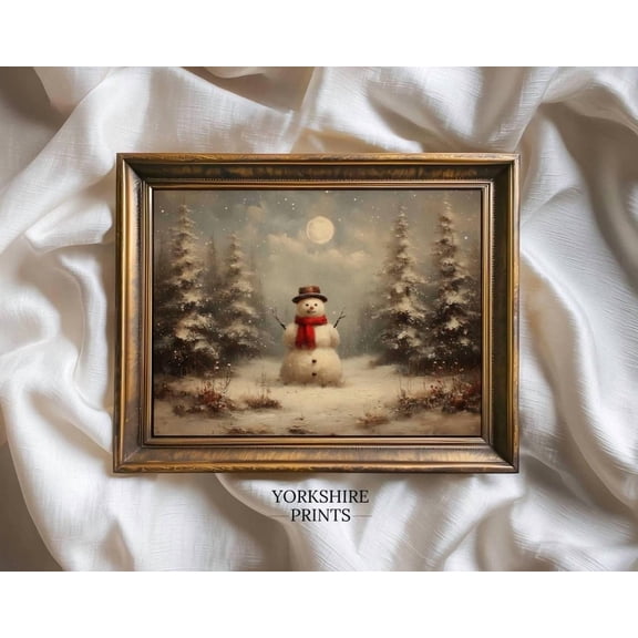 Vintage Snowman Winter, Moonlit Winter Wall Art, Rustic Home Decor #3513, 16x24 UNFRAMED