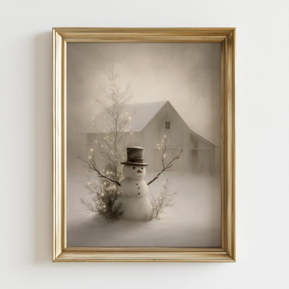 Vintage Snowman Winter Print Rustic Christmas Farmhouse Art Cozy Holiday Barn Scene Minimal Nordic Winter Wall Decor Artwork