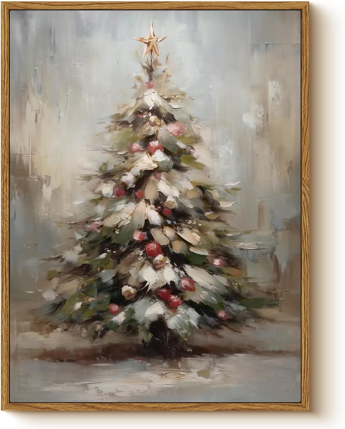 Vintage Snowy Christmas Tree with Ornaments Wall Art, 12x16 Inch Festive Winter Framed Canvas Painting Print, Seasonal Holiday Gift Living Room Bedroom Entryway Office Family Decor