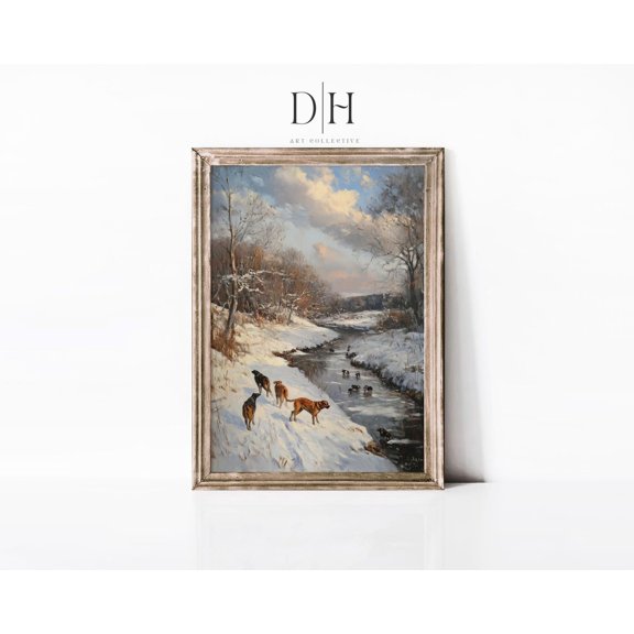 Vintage Snowy Creek Dog Wall Art, Stretched Canvas Size 16x24
