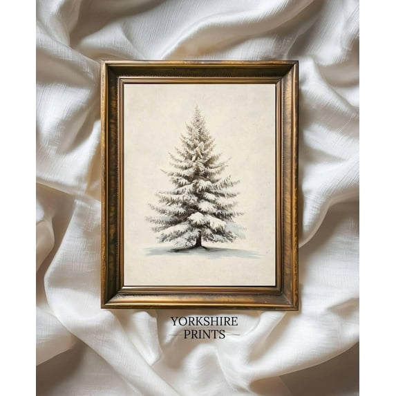 Vintage Snowy Pine Tree Print, Rustic Winter Wall Art, Winter Home Decor #3869, 8x12 UNFRAMED