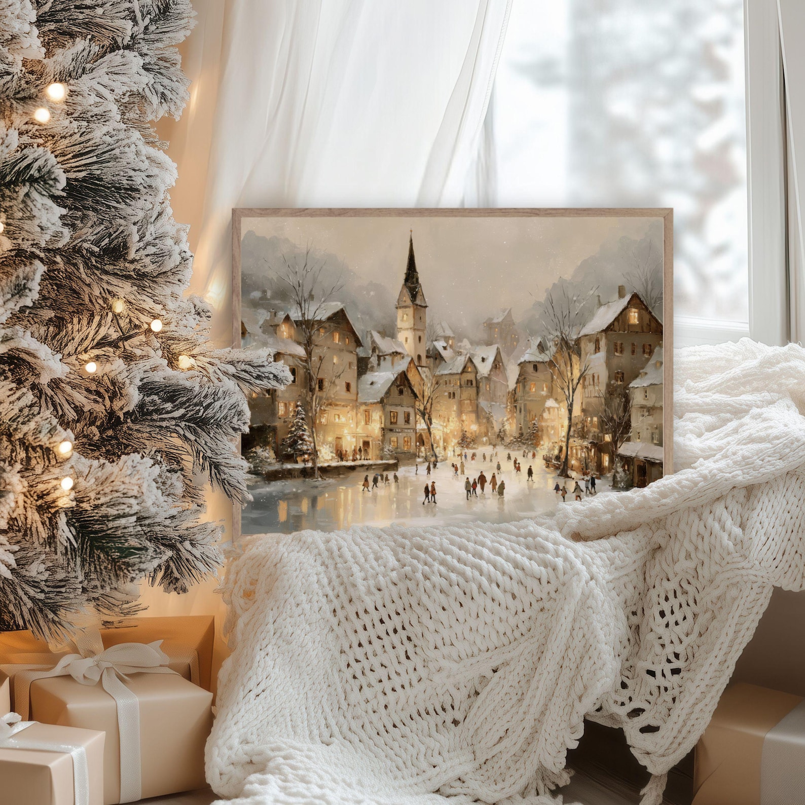 Vintage Snowy Town Christmas Art with Festive Lights, Winter Village ...