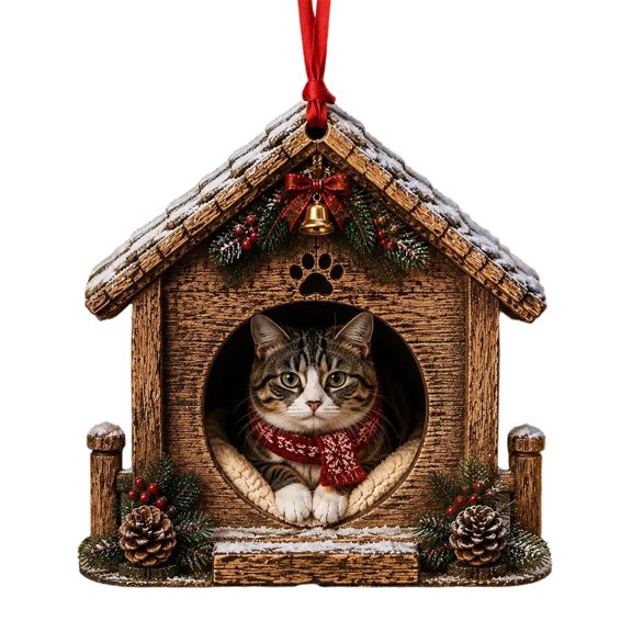 Vintage Snowy Tree Stump Animal Ornament with a Cat in a Pet House, Hand Painted Resin Hanging Pendant with Red Ribbon for Holiday Tree and Mantel Decor