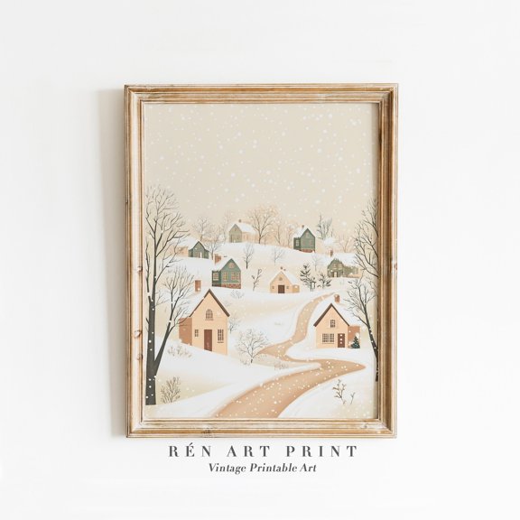 Vintage Snowy Village Art Poster Neutral Winter Landscape Poster, Stretched Size 8x12