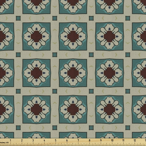 Ambesonne Vintage Fabric by the Yard Upholstery, Antique Floral Tile Ornate, 10 Yards, Dusk Teal