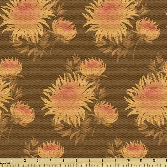 Vintage Sofa Upholstery Fabric by the Yard, Autumn Themed Chrysanthemum Flowers Pansy Motif, Decorative Fabric for DIY and Home Accents, Ginger Caramel by Ambesonne