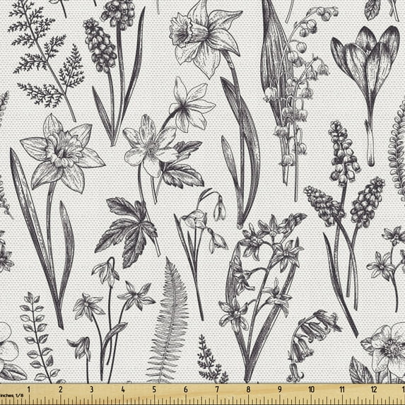 Vintage Sofa Upholstery Fabric by the Yard, Continuous Spring Flowers and Herbs Composition Narcissus Hellebore, Decorative Fabric for DIY and Home Accents, Ivory Dark Purple Grey by Ambesonne