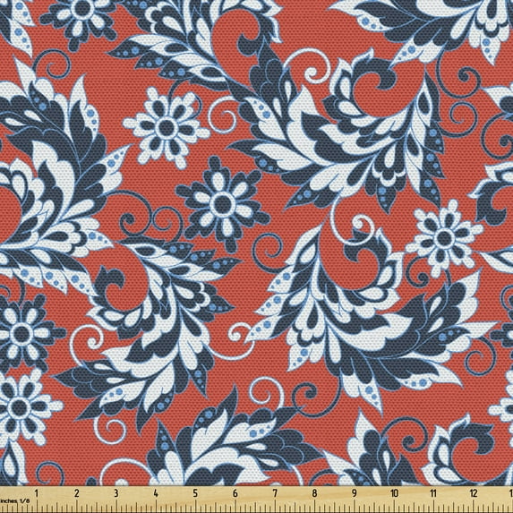 Vintage Sofa Upholstery Fabric by the Yard, Floral Pattern with Ornate Foliage and Blossoms Design, Decorative Fabric for DIY and Home Accents, Night Blue Vermilion by Ambesonne