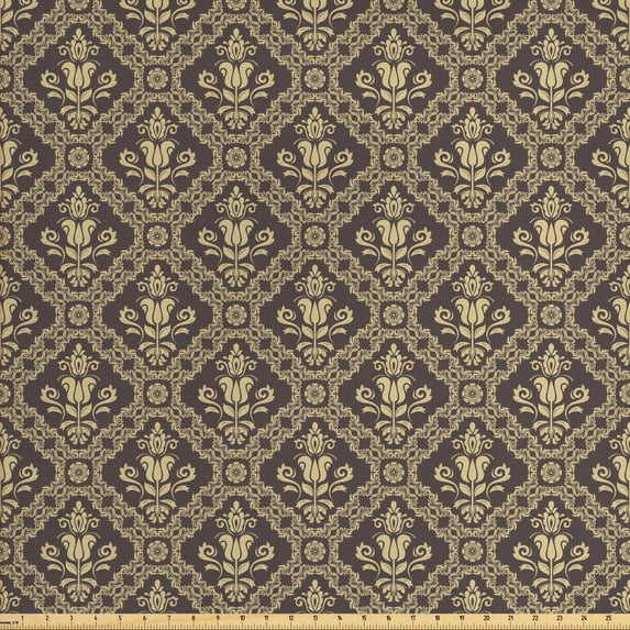 Ambesonne Vintage Fabric by the Yard Upholstery, Victorian Damask Tulip, 2 Yards, Dark Taupe Beige
