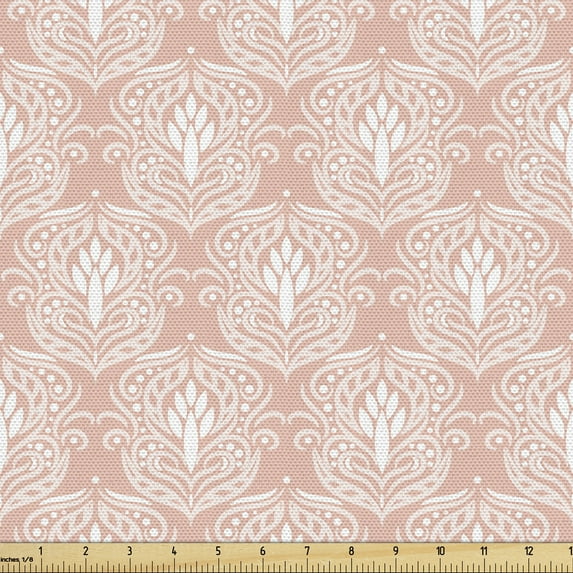 Vintage Sofa Upholstery Fabric by the Yard, Ornamental Patterns Motifs Strokes and Dots Curves Swirls Victorian Antique, Decorative Fabric for DIY and Home Accents, Blush and White by Ambesonne