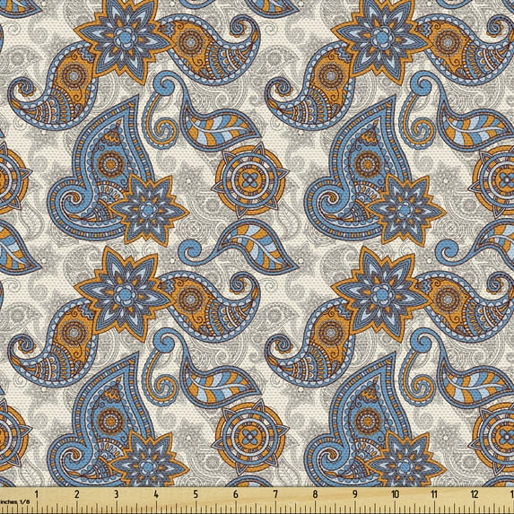 Ambesonne Floral Fabric by the Yard Upholstery, Paisley, 1 Yard, Violet Blue Marigold