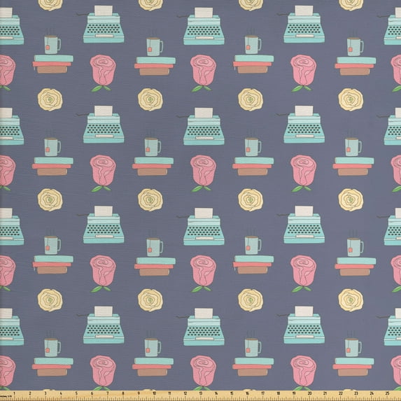 Ambesonne Vintage Fabric by the Yard Upholstery, Typewriter Tea Cup Rose, 2 Yards, Multicolor