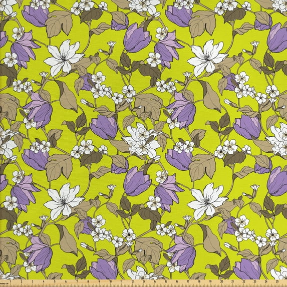 Vintage Sofa Upholstery Fabric by the Yard, Romantic Pattern with Blossoming Tiny Magnolia Flowers and Drooping Fall Leaves, Decorative Fabric for DIY and Home Accents, Multicolor by Ambesonne